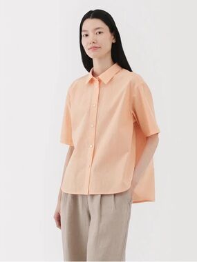 MUJI Women’s 100% Organic Cotton Short Sleeve Button Down Shirt in Orange - M